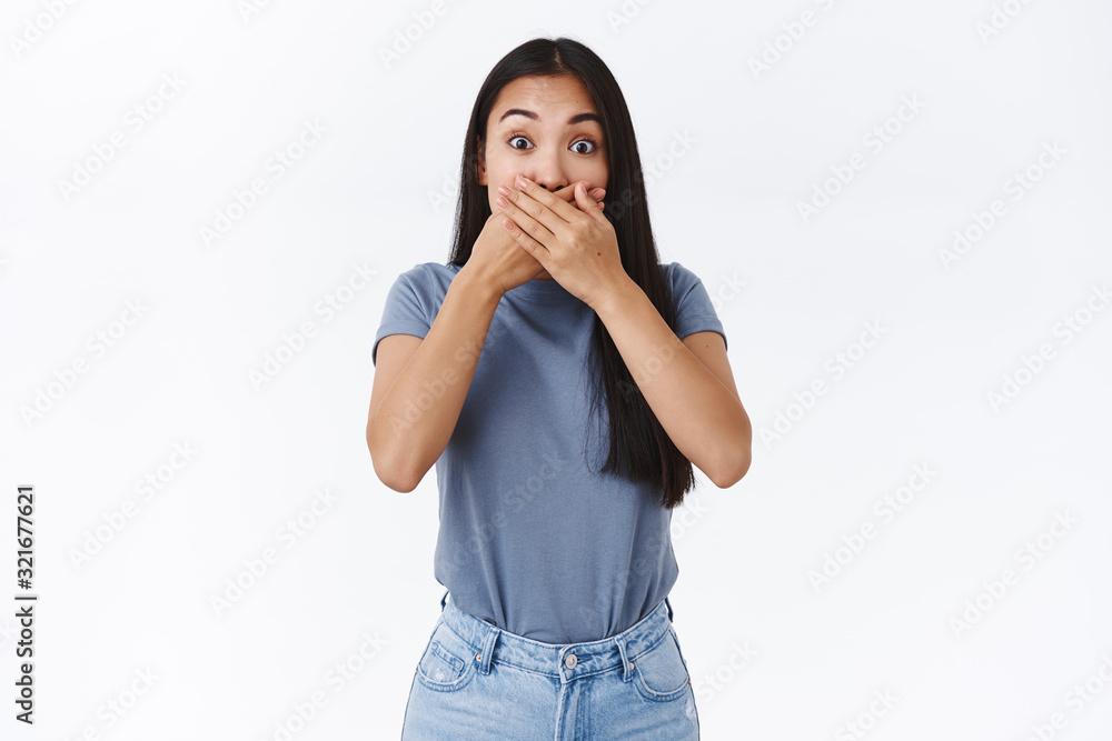 Cute silly amused asian girl heart awesome rumour, slap her mouth with hands and stare camera astonished, trying hold herself not tell anyone gossip, standing white background surprised Cute silly amused asian girl heart awesome rumour, slap her mouth with hands and stare camera astonished, trying hold herself not tell anyone gossip, standing white background surprised