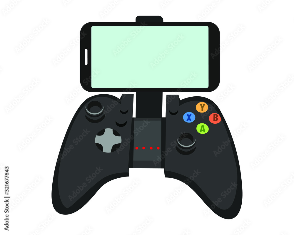 video game controller with smartphone isolated on white background
