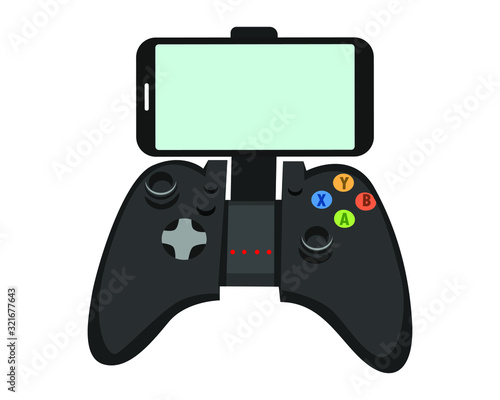 video game controller with smartphone isolated on white background