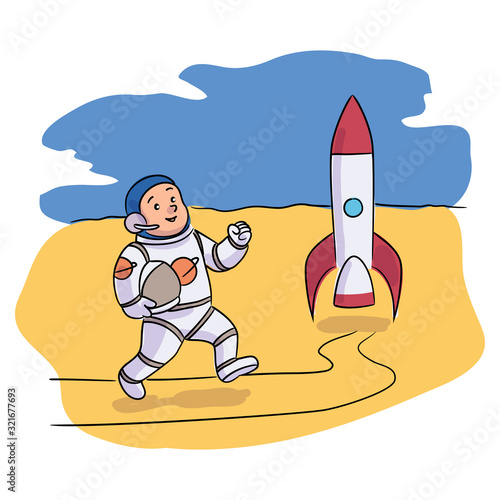 Smiling kid astronaut running to rocket shuttle