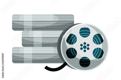 Filmstrip reel vector illustration. Vintage videotape isolated clipart on white background. Cinematography and filmmaking equipment. Film strip rolls, camera tape design element.