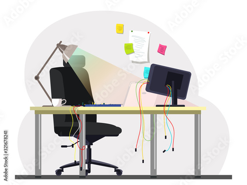 Empty sysadmin office room workplace with computer, wires, keyboard on desk, comfortable chair, reminder colorful stickers hanging on wall. Workstation. Vector workspace interior illustration.