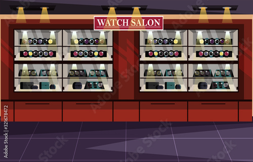 Empty watch salon shop showcases interior design