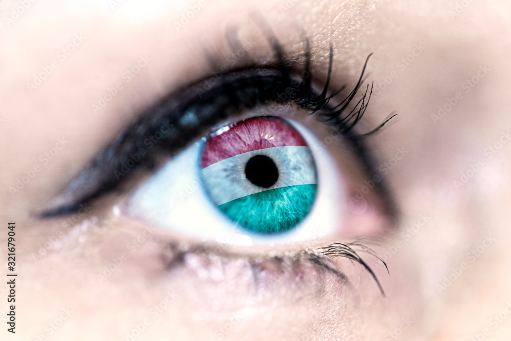 Flag of Hungary reflects in a woman blue eye - election, sport, hope, young, generation, pride, dream, emotion, independance	