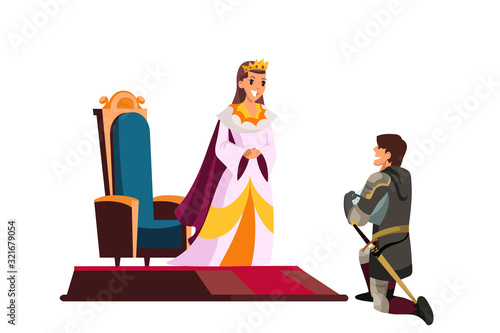 Armed knight kneeling before queen or princess. Knighting ceremony. Honoring warriors. Love and romantic scene. Cartoon male and female character. Vector illustration.
