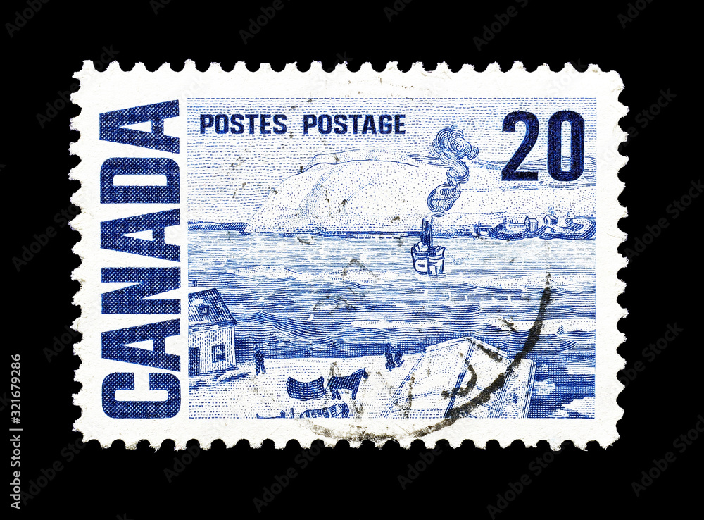 Obraz premium Cancelled postage stamp printed by Canada, that shows The Ferry, Quebec, circa 1969.