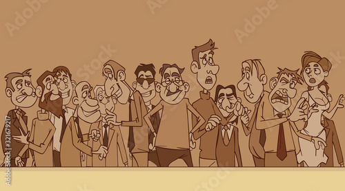cartoon diverse emotional men and woman stand in front of an empty stage