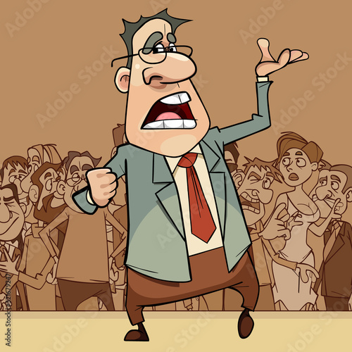 cartoon man in a suit and glasses emotionally broadcasts in front of a crowd of people