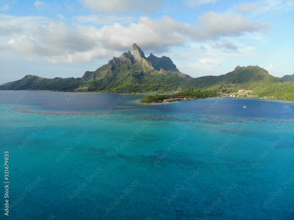 View of the Mont Otemanu mountain reflecting in water  in Bora Bora, French Polynesia, South Pacific