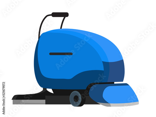 Blue industrial floor scrubber cleansing equipment isolated on white. Professional floor-washing machine. Cleaning service. Vector illustration.