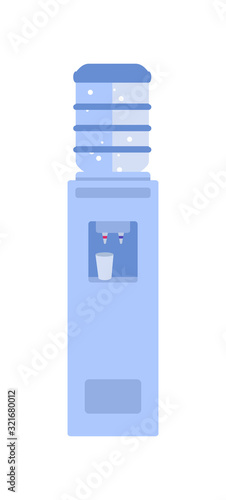 Office water cooler flat vector illustration. Bottles with clean filtered fluid cartoon drawing. Container with potable clear liquid in empty room. Purified drinkable water dispenser.