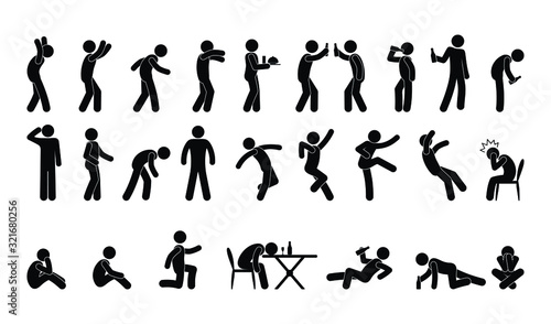 people in various poses, stick figure man icon, isolated silhouettes, drunk man, alcoholic illustration photo