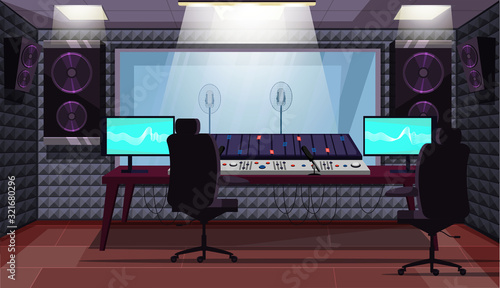 Empty sound recording studio with prof equipment