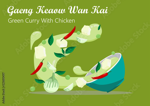 Gaeng Keow wan Kai. Green curry with chicken vector design.
