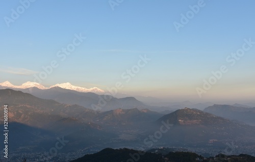 landscape mountains with fog with blue sky .snow mountain. anapurna mountain nepal