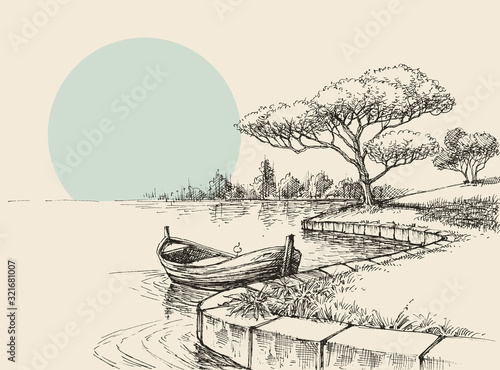 Empty boat on shore in the park, relaxation in nature sketch