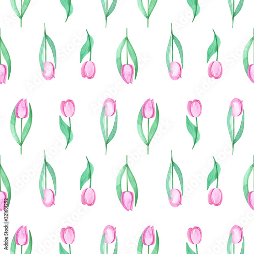Seamless pattern pink tulips watercolor. Pink flowers, spring flowers. Tulips background, pink flowers print. Women's day, March 8