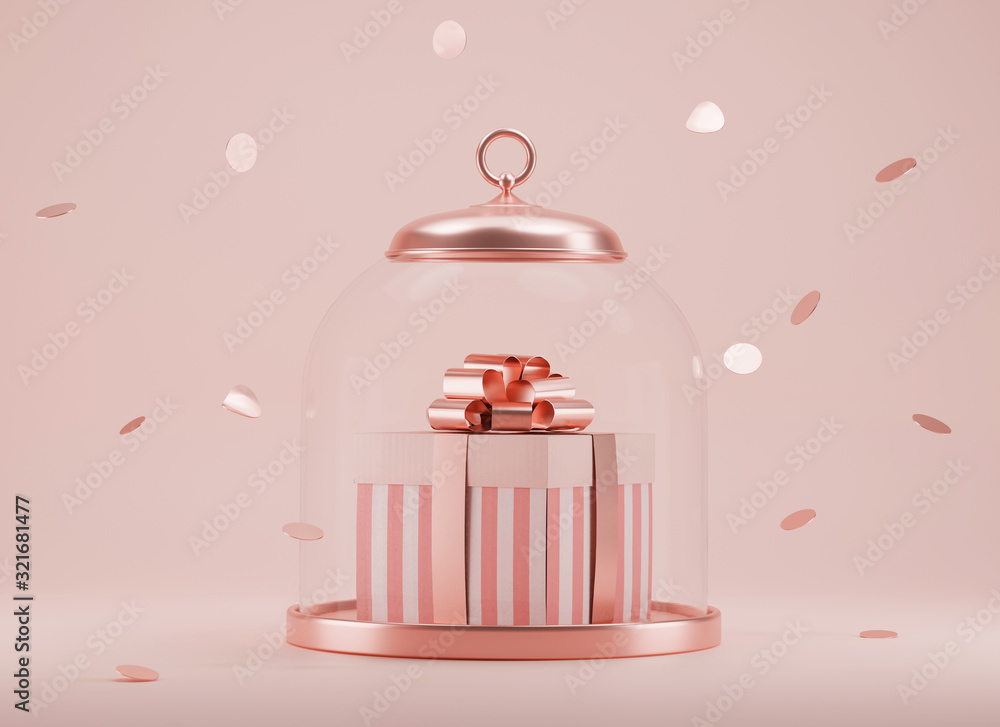 3D Pink gift box with golden ribbon bow in glass dome on pastel pink ...