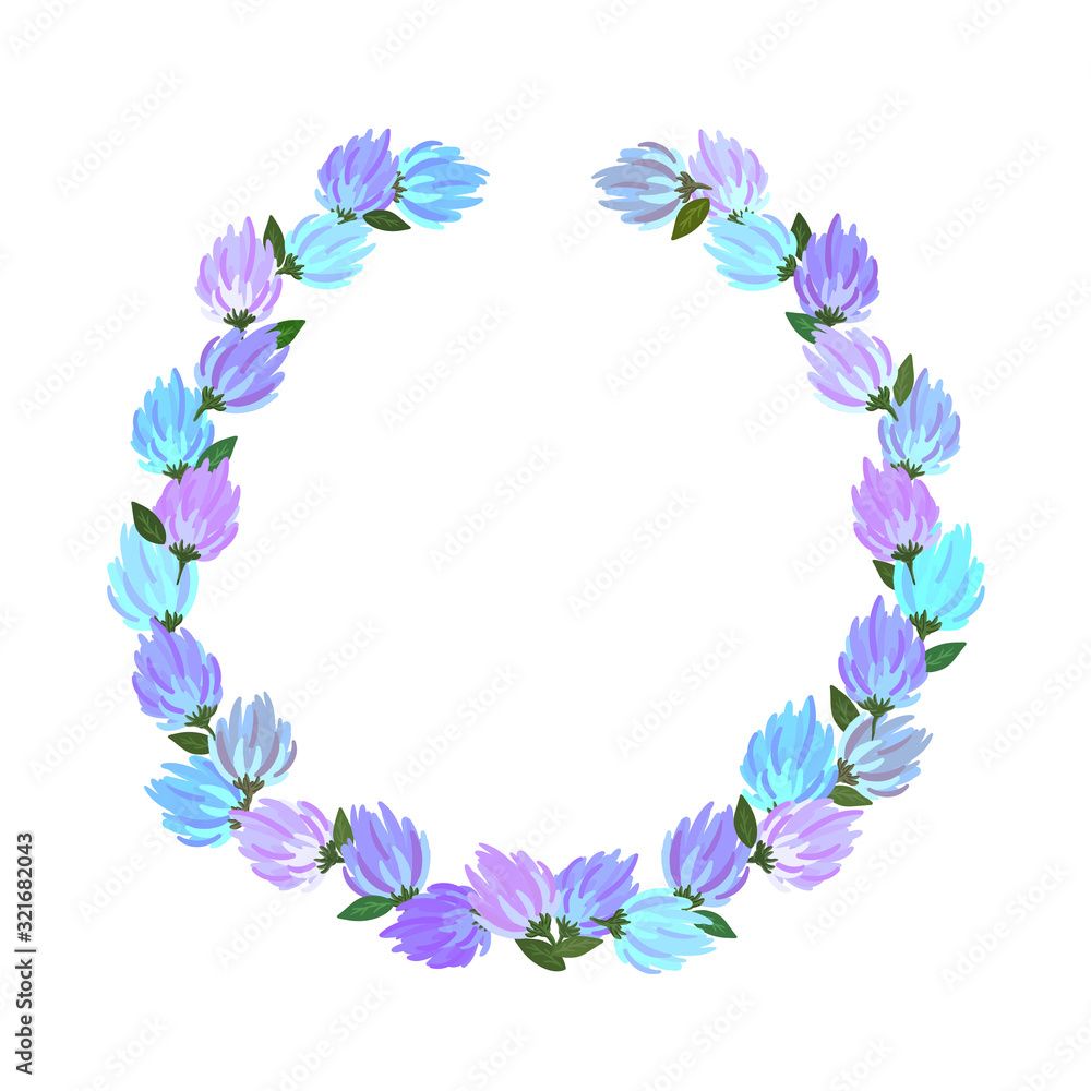 Purple, blue spring flowers with little decorative leaves on white isolated background.