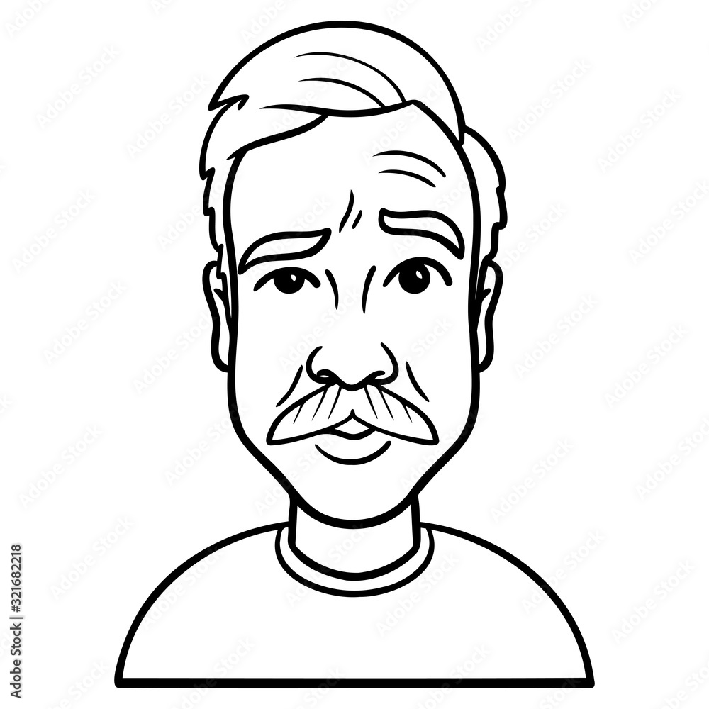 monochrome comic drawing. portrait of a young man with a mustache who has raised an eyebrow and is looking funny. outline, doode. monochrome comic drawing. portrait of a young man with a mustache who has raised an eyebrow and is looking funny. outline, doode.
