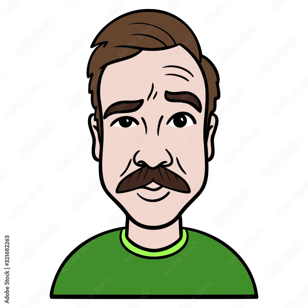 comic illustration of a young man with green sweater and brown hair and mustache who looks casual and cool. raised eyebrows, funny, illustration, comic illustration of a young man with green sweater and brown hair and mustache who looks casual and cool. raised eyebrows, funny, illustration,