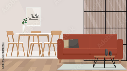 Stylish sofa in open space studio apartment with dining and living space