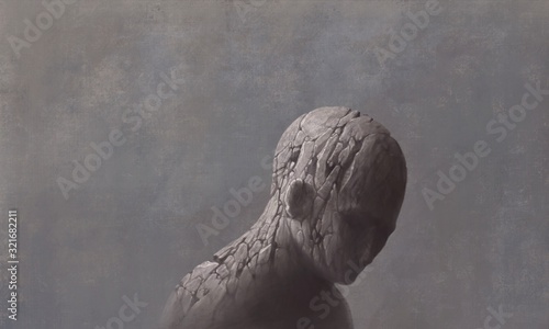 Sad and depressed broken human sculpture surreal painting