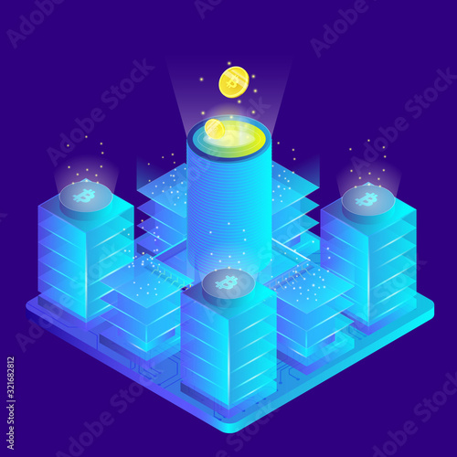 Isometric 3d currency mining bitcoin server room
