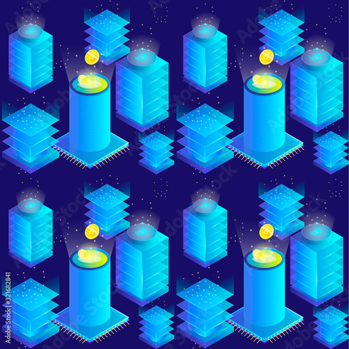 Isometric 3d currency mining bitcoin server room