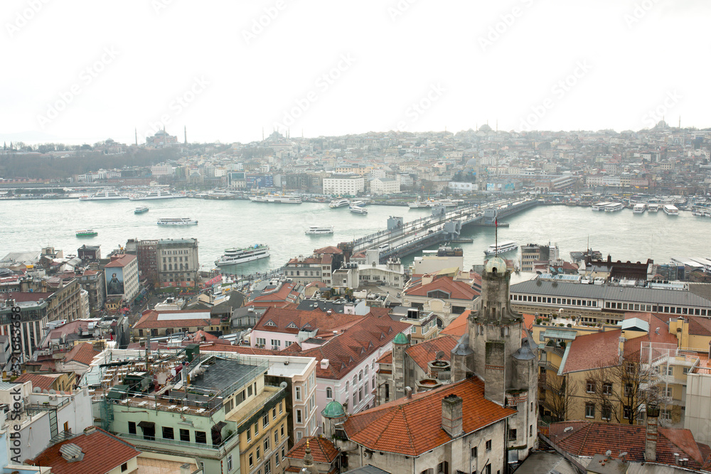View of Istanbul from the Galata tower on bridges to the Bosphorus Bay January 2020
