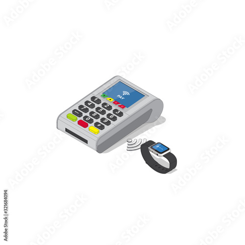 Isometric Illustration of Contactless payment.Credit card reader and smart watch isolated on white background