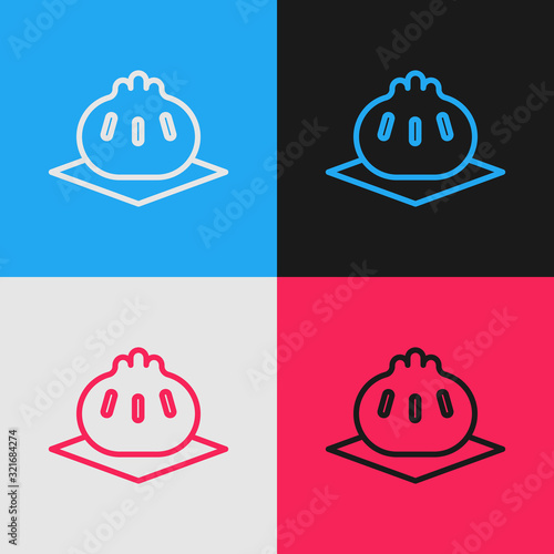 Color line Khinkali on cutting board icon isolated on color background. Traditional georgian dumpling. Vintage style drawing. Vector Illustration
