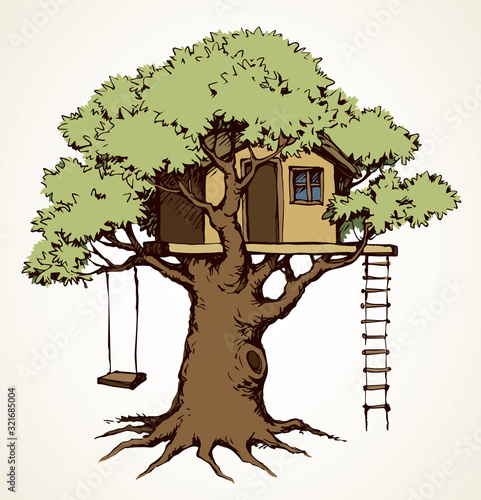 Wooden tree house. Vector drawing