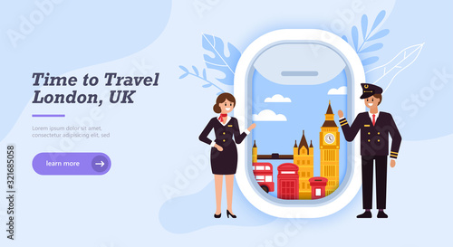 Travel to London concept with landmark icons, pilot character and airplane window. Flat cartoon vector illustration