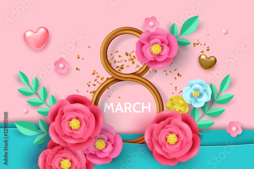 8 March International women's day banner template for social media advertising, invitation or poster design with paper art cut flowers.