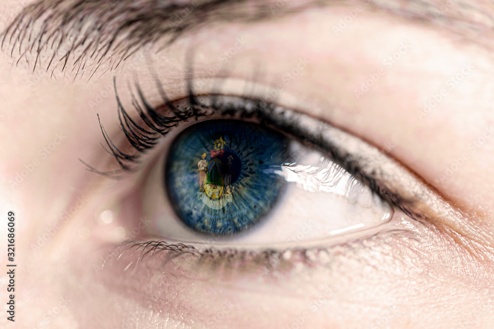 Fototapeta premium Flag of Maine state of the United States of America reflects in a man brown eye - election, sport, hope, young, generation, american football, basket 