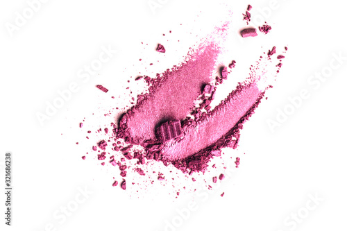 pink Eye shadow stroke isolated on white background. Top view, flat lay.