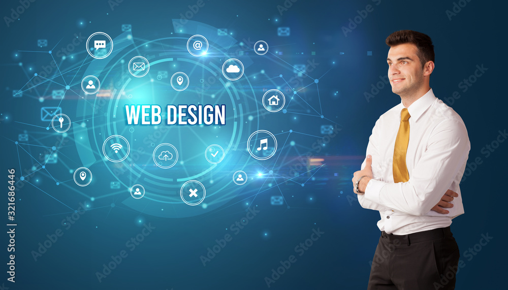 Businessman thinking in front of technology related icons and WEB DESIGN inscription, modern technology concept Businessman thinking in front of technology related icons and WEB DESIGN inscription, modern technology concept