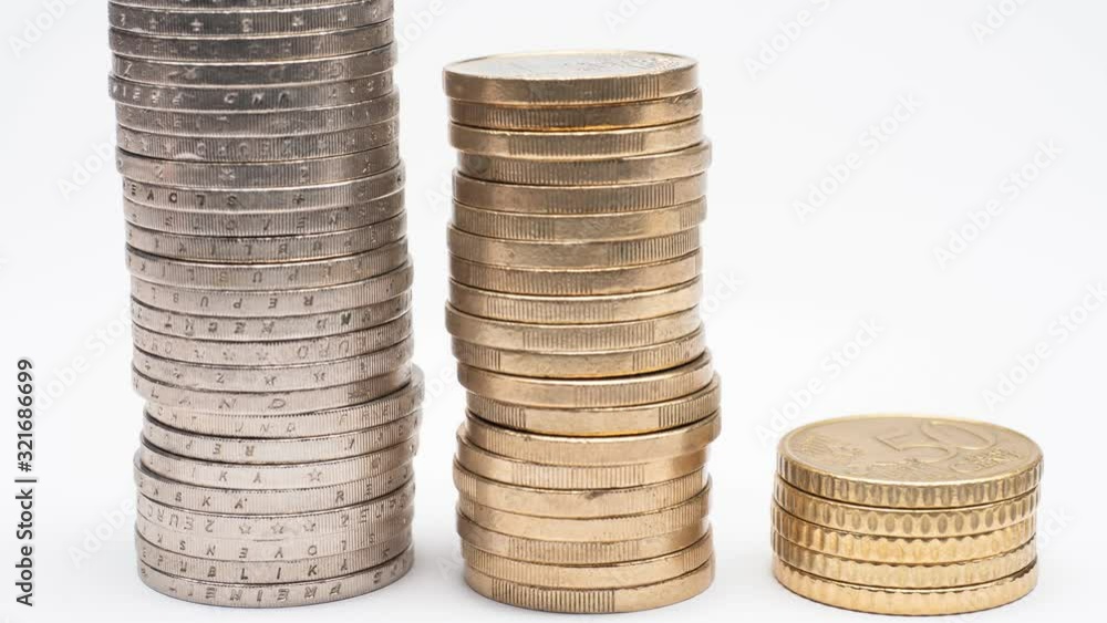 Euro Coins on stack grows on white background and shows business, saving, growth, economic concept. Stop motion 4K VIDEO Euro Coins on stack grows on white background and shows business, saving, growth, economic concept. Stop motion 4K VIDEO