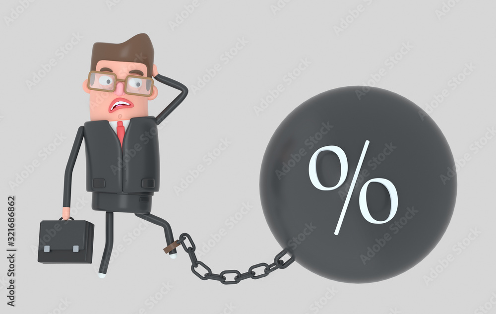 Surprised businessman tied to a big metal ball with Percent Symbol. Isolated. 3d Illustration Surprised businessman tied to a big metal ball with Percent Symbol. Isolated. 3d Illustration