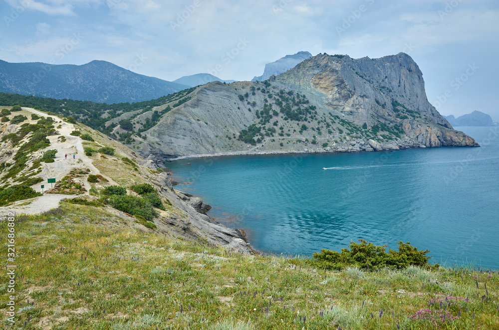 Blue Bay in the New World Botanical Reserve, the eastern coast of the Crimea Peninsula. Mountains by the Black Sea, view from Cape Kapchik.
