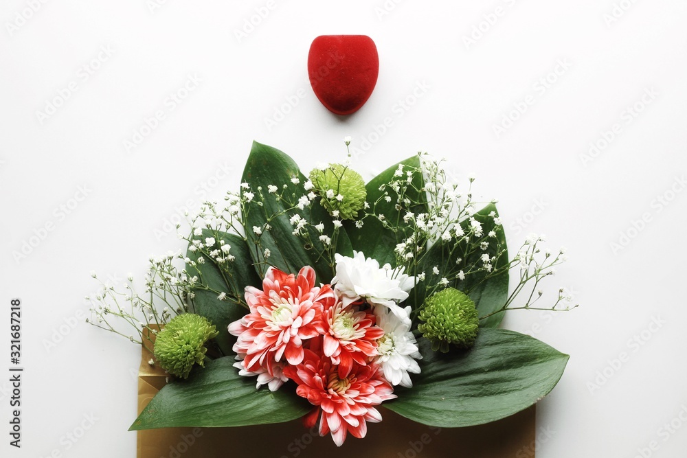 Beautiful spring flowers bouquet for greetings isolated on white, copyspace