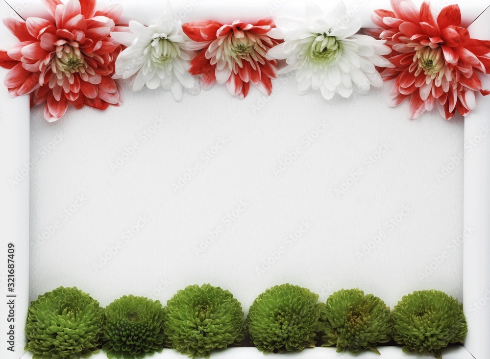 Beautiful spring flowers bouquet in frame for greetings isolated on white
