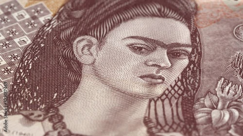 Frida Kahlo portrait on Mexico 500 peso banknote rotating. Low angle, macro. 4K, 422 10 bit
