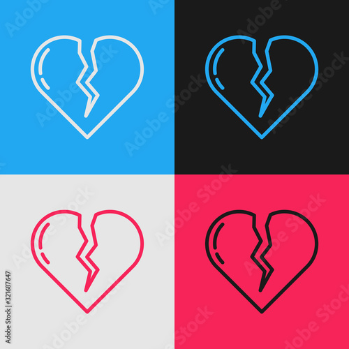 Color line Broken heart or divorce icon isolated on color background. Love symbol. Valentines day. Vintage style drawing. Vector Illustration