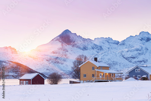 Norway Winter Landscape, Skulsfjord Village, Tromso, Kvaloya Islands, Norway