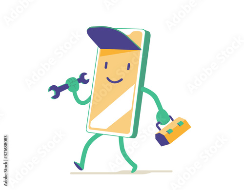 Assistenza tecnica rapida. Personaggio simpatico del meccanico con chiave inglese e cassetta degli attrezzi per applicazione mobile - Illustrazione vettoriale