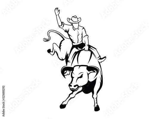 Rodeo or Cowboy Riding a Wild and Furious Bull Illustration with Silhouette Style