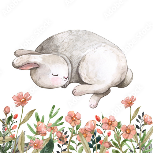 Cute watercolor bunny sleeping. Hand painted cartoon illustration of little b...