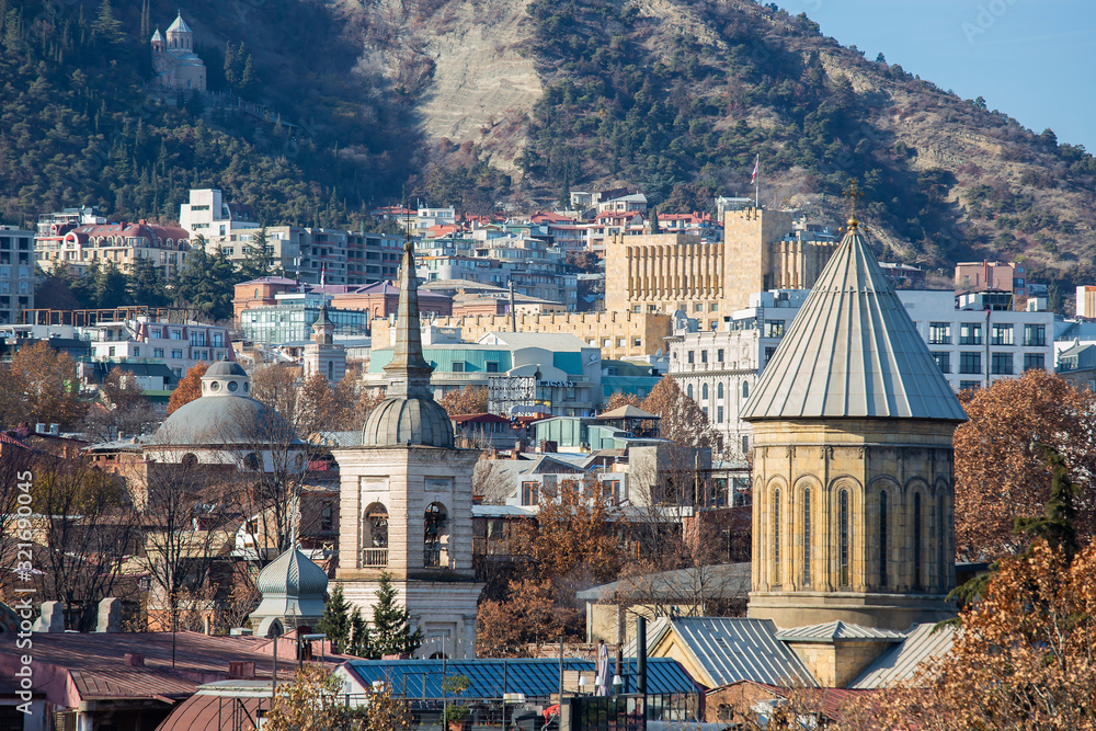 TBILISI, GEORGIA - December 17, 2019: Beautiful landscape view of the old district. Old Tbilisi, winter in the city.